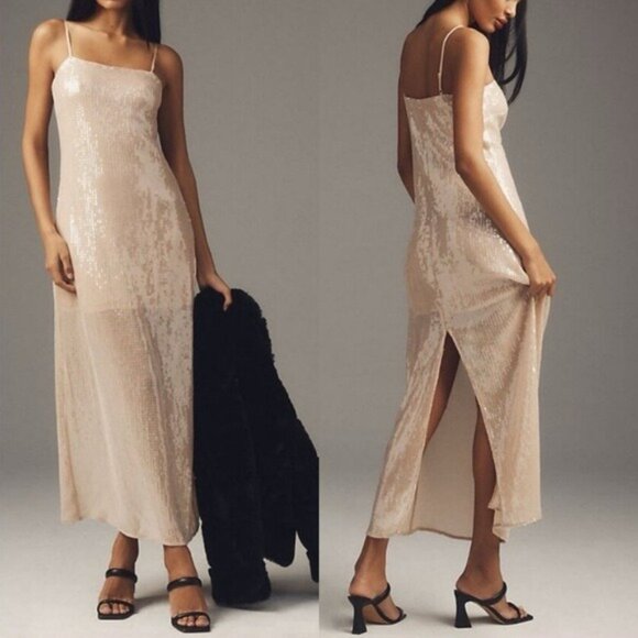 Hutch Lya Sequin Mesh Nude Tan Coconut Milk Cocktail Slip Dress Size L - Picture 1 of 13